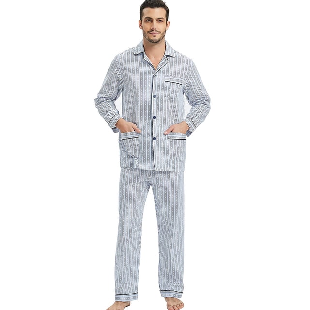 GLOBAL Conjuntos de Pijamas de Algodón para Hombre, Ropa de Dormir de Manga Larga con Botones, Ropa de Dormir Cómoda, Conjunto de Pijama Suave con Rayas Blancas M