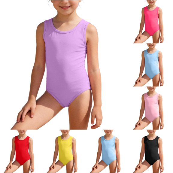 CUZIBR Girls Swimsuit Solid Color Sleeveless Round Neck Seamless One Piece Bathing Summer Breathable Comfortable Sport Athletic Beachwear For Kids Beach Pool Cozy Bathing Suit,Purple,15-16 Years