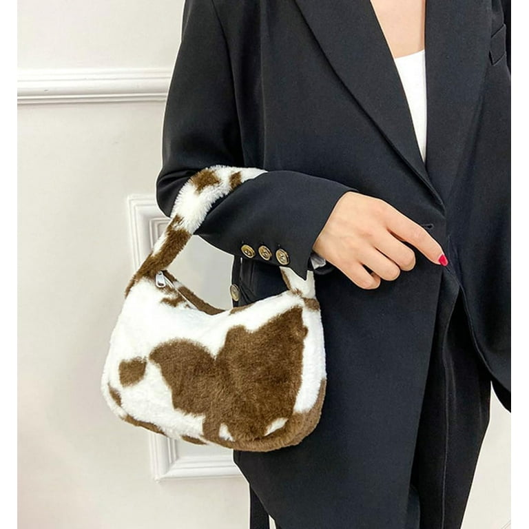 JLMMEN Furry Purse for Women Fluffy Cow Print Y2k Plush Handbags Faux Fur Cute Hobo Clutch Bags Winter Autumn
