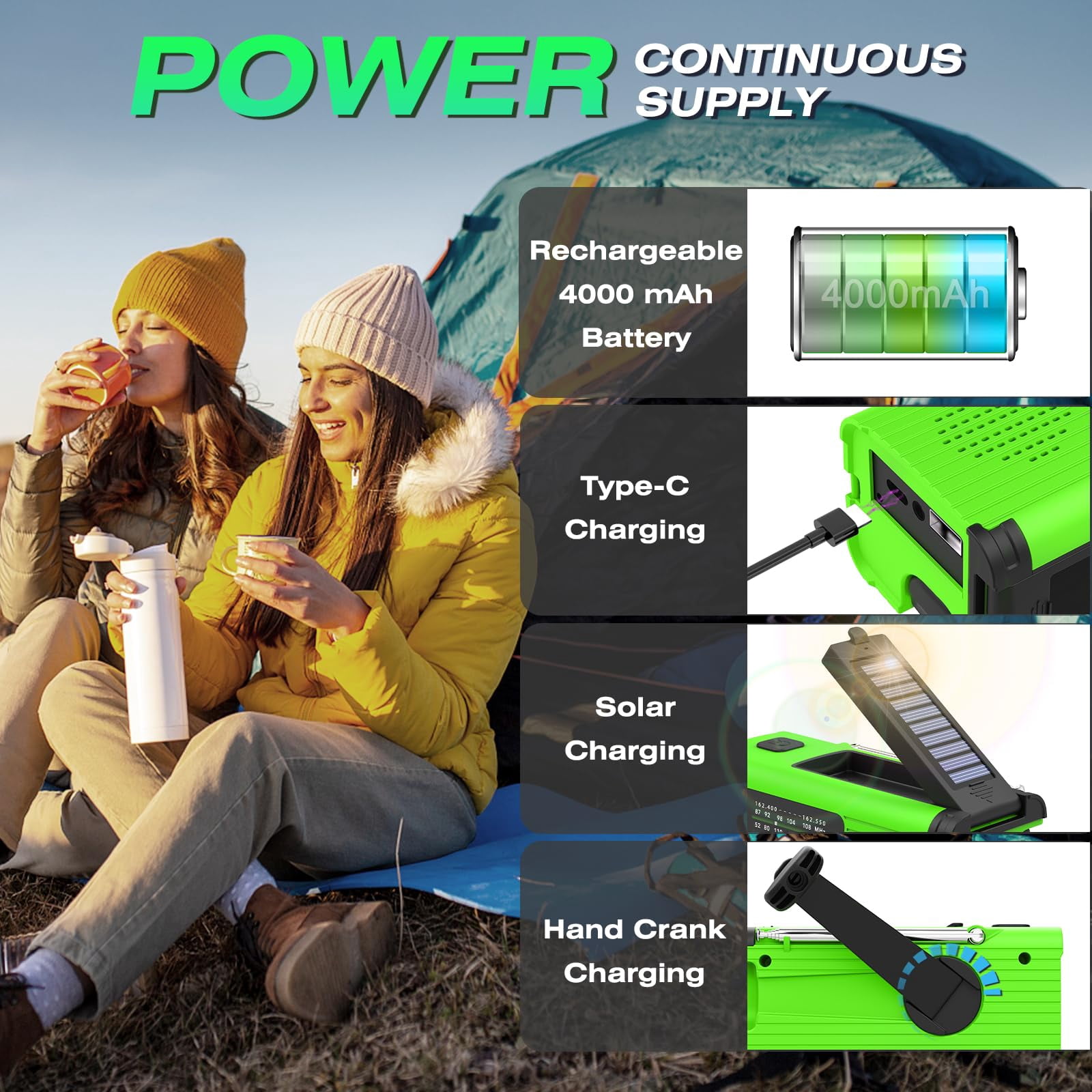 Radios For Emergency  Multifunction Solar Hand Crank Noaa Weather Am/fm Radio 4000mah With Usb Charged Reading Lamp Flashlight Sos Alarm Headphone Jack Camping Emergencies