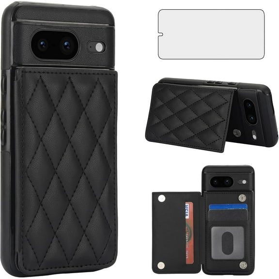 HCTian Phone Case for Google Pixel 8 5G Wallet Cover with Tempered Glass Screen Protector and Leather RFID Credit Card Holder Stand Slot Rugged Mobile Cell Accessories Pixel8 Eight Women