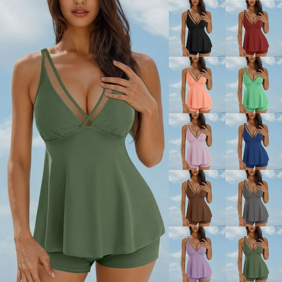 UTSJKR SavingsTwo Piece Flowy Tankini Swimsuits for Women Push Up Tummy Control Bathing Suits Mesh Sheer V-Neck Swim Suits 2025 Army Green XXL