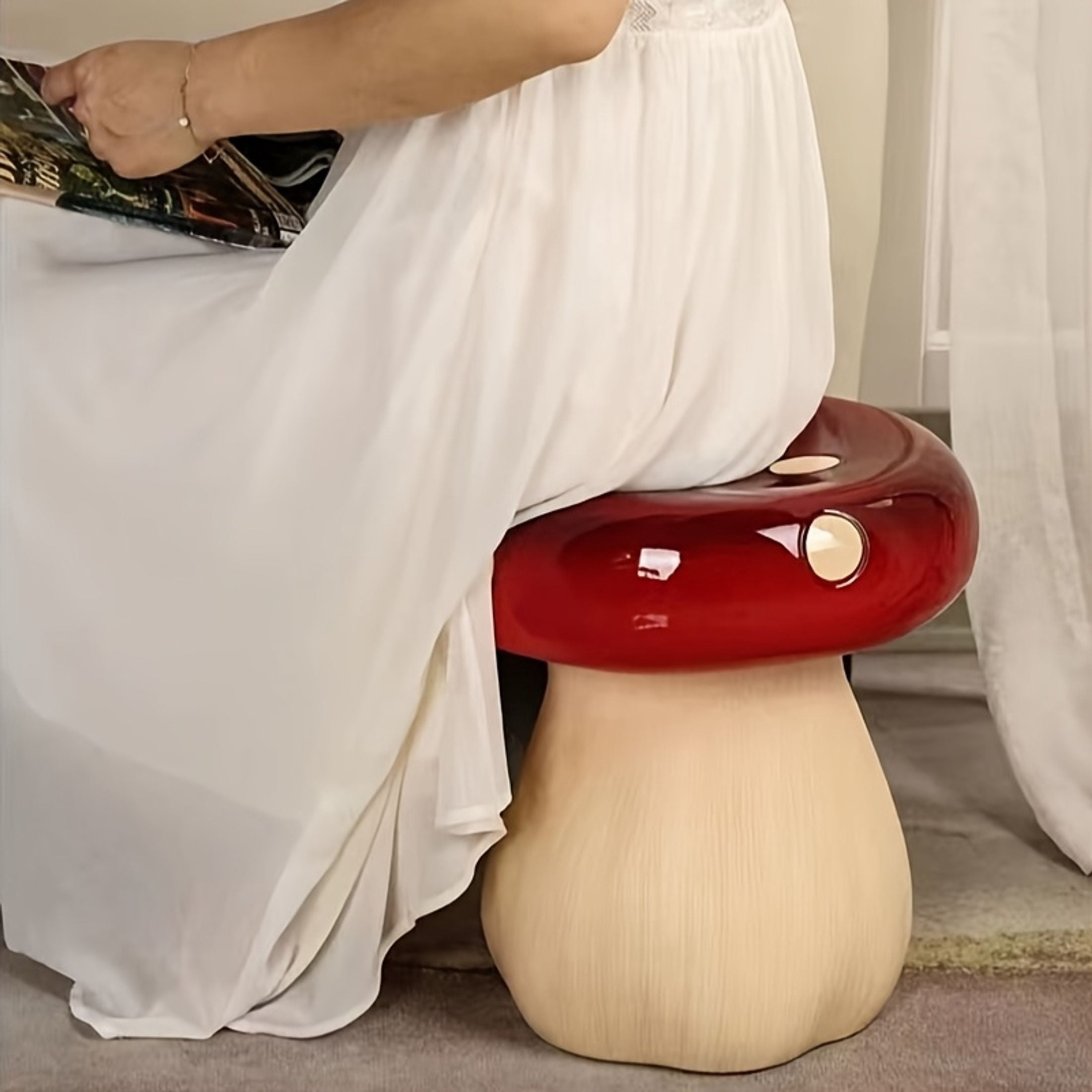 Noble House Art Mushroom Stool, Cute Fairy Decorative Statue, Outdoor Creative Figurine Seat for Patio, Garden, Red