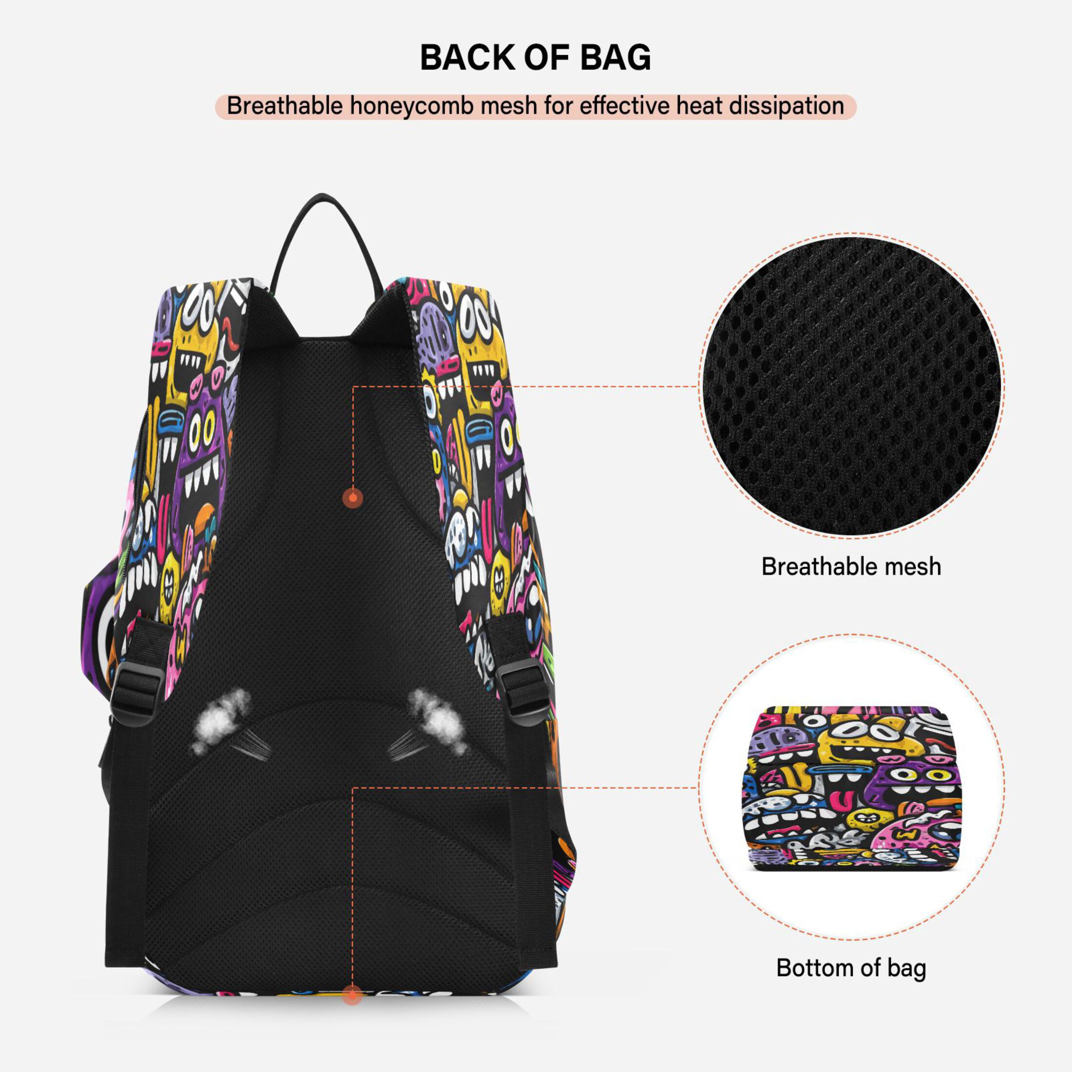 2 Racquet Holder Tennis Backpack Tennis Racket Covers Gym Bags Colorful Cartoon Monsters