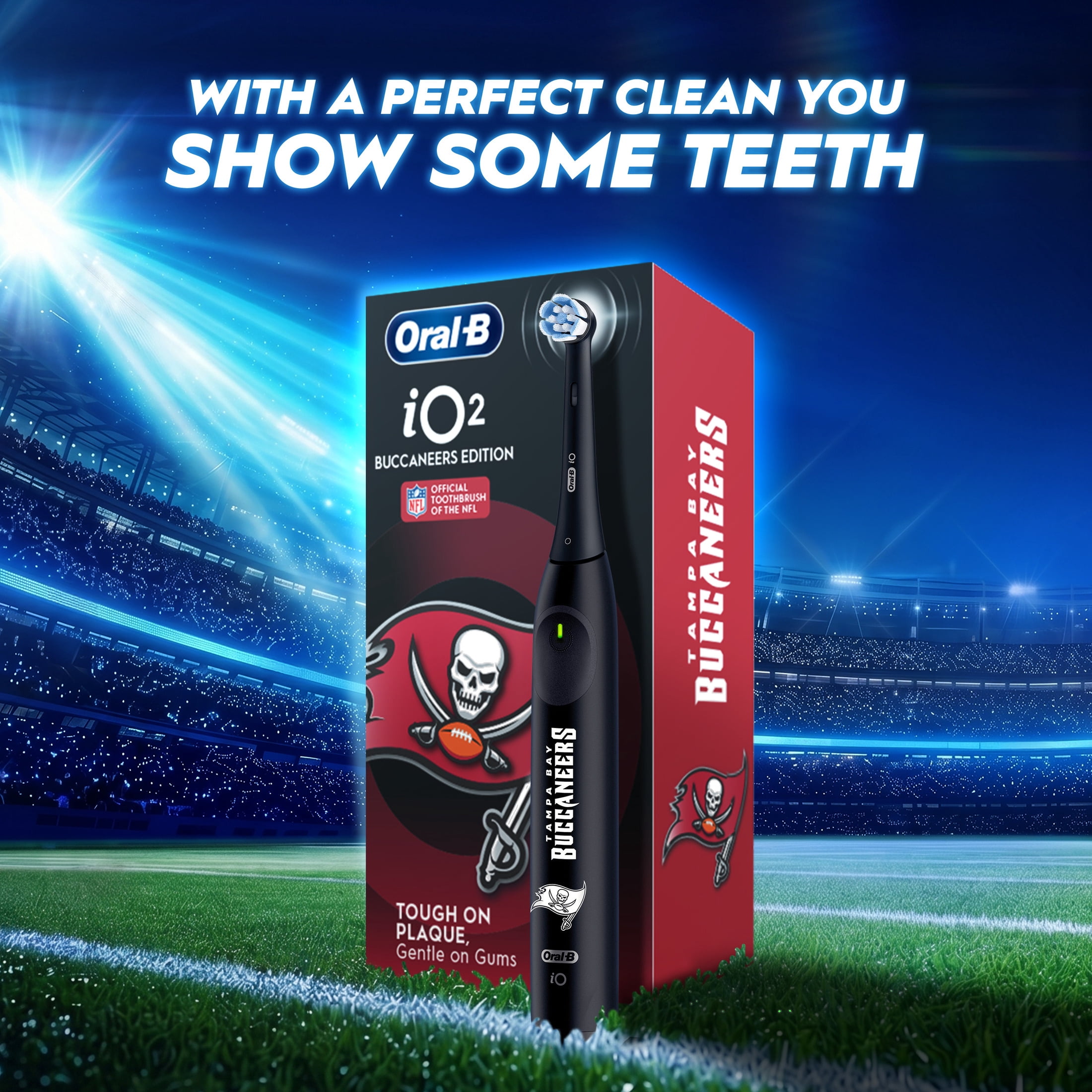 Oral-B Rechargeable Electric Toothbrush,NFL Tampa Bay Buccaneers Edition iO2, 3 Cleaning Modes, Automatic Pressure Sensor to Protect Gums