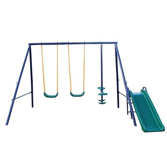 Gzxs Metal Swing Sets for Backyard, Outdoor Playground Sets for Kids, Heavy Duty Steel Frame, 2 Swings Playset with Glider and Slide, Holds Up to 500 lbs, Ages 3-8, Easy Installation (Blue)