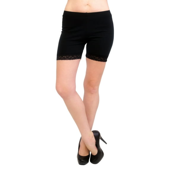 Vivian's Fashions Legging Shorts - Cotton, Lace Trim, Misses Size (Black, XS)