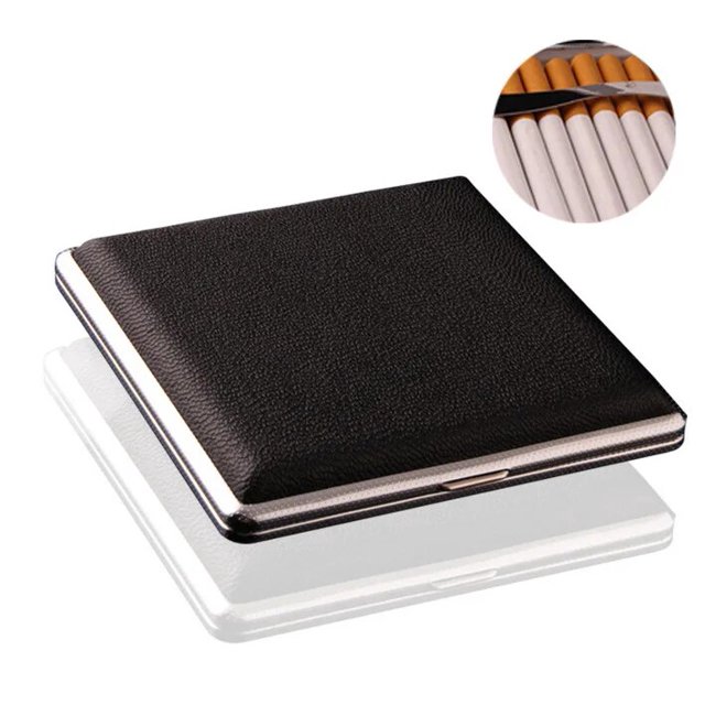 Caja de almacenamiento de cigarrillos de piel sintética negra con marco de Metal, contenedor de alta calidad para encendedor, estuche para cigarrillos