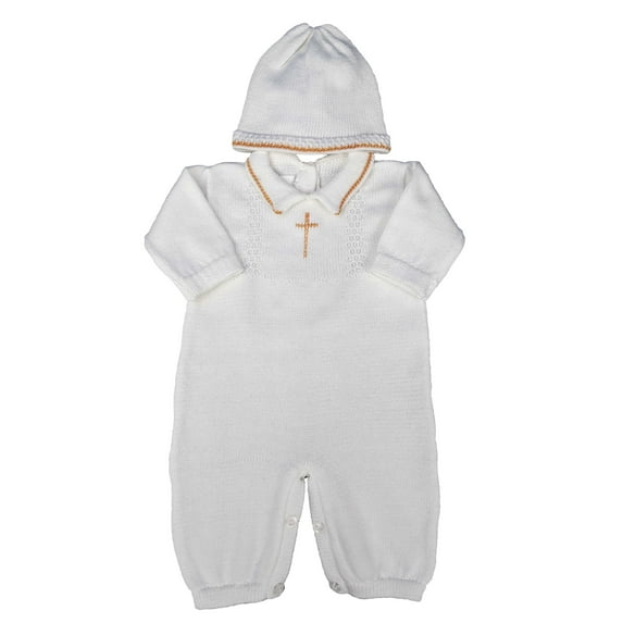 Christening Day Boys White Cotton Knit Longall w/ White, Blue, or Gold Cross and Hat