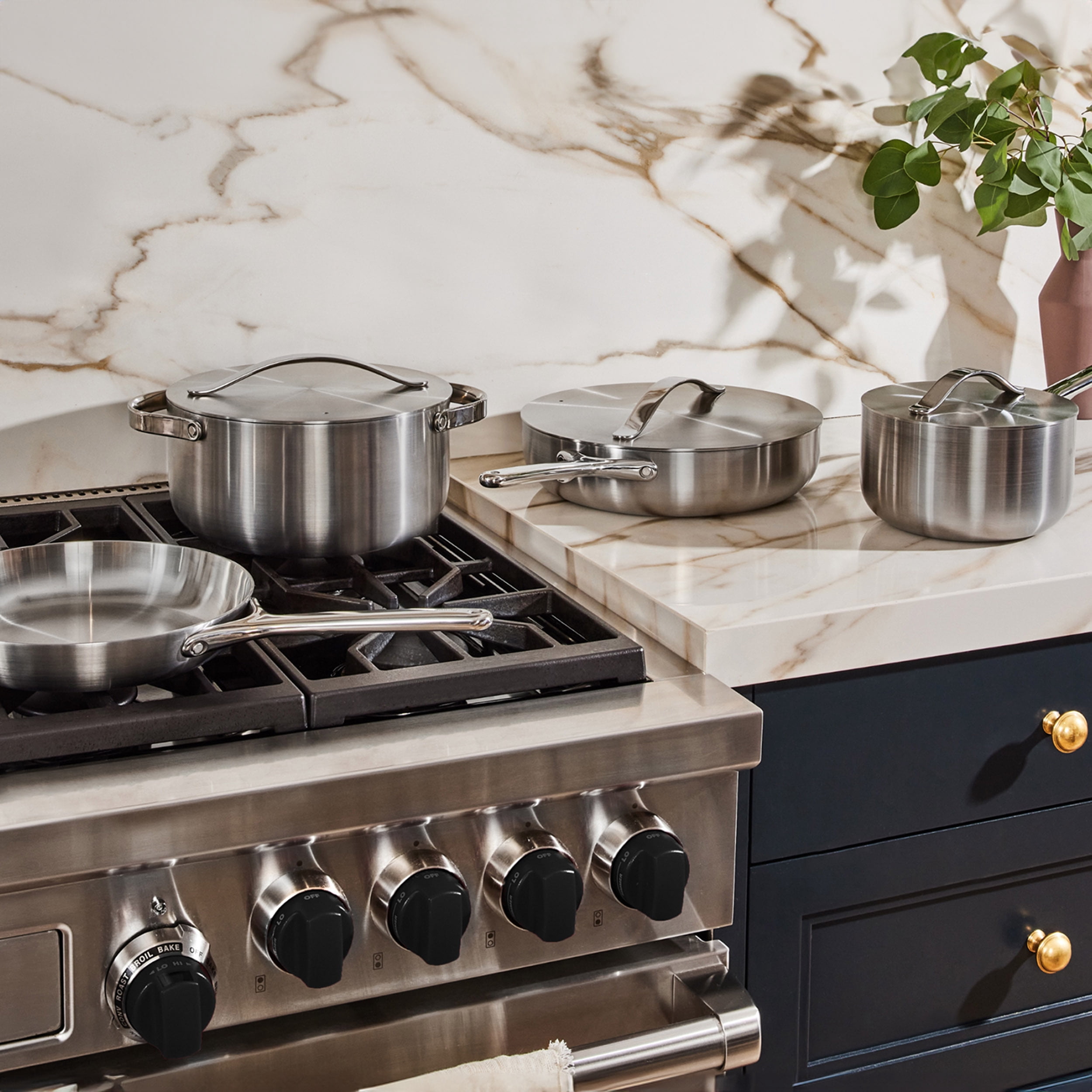 Caraway Stainless Steel Cookware Set – 12 Piece 5-Ply Stainless Steel Pots and Pans Set - Includes Fry, Sauce, Sauté Pan, Dutch Oven, and Space-Saving Storage - , & Free