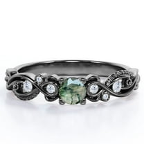 JeenMata Seven Stone 1.75 Carat Round Brilliant Cut Solid Finely Veined Moss Green Agate and Moisssanite Victorian Style Filigree Engagement Ring in 18K Black Gold Plating over Silver