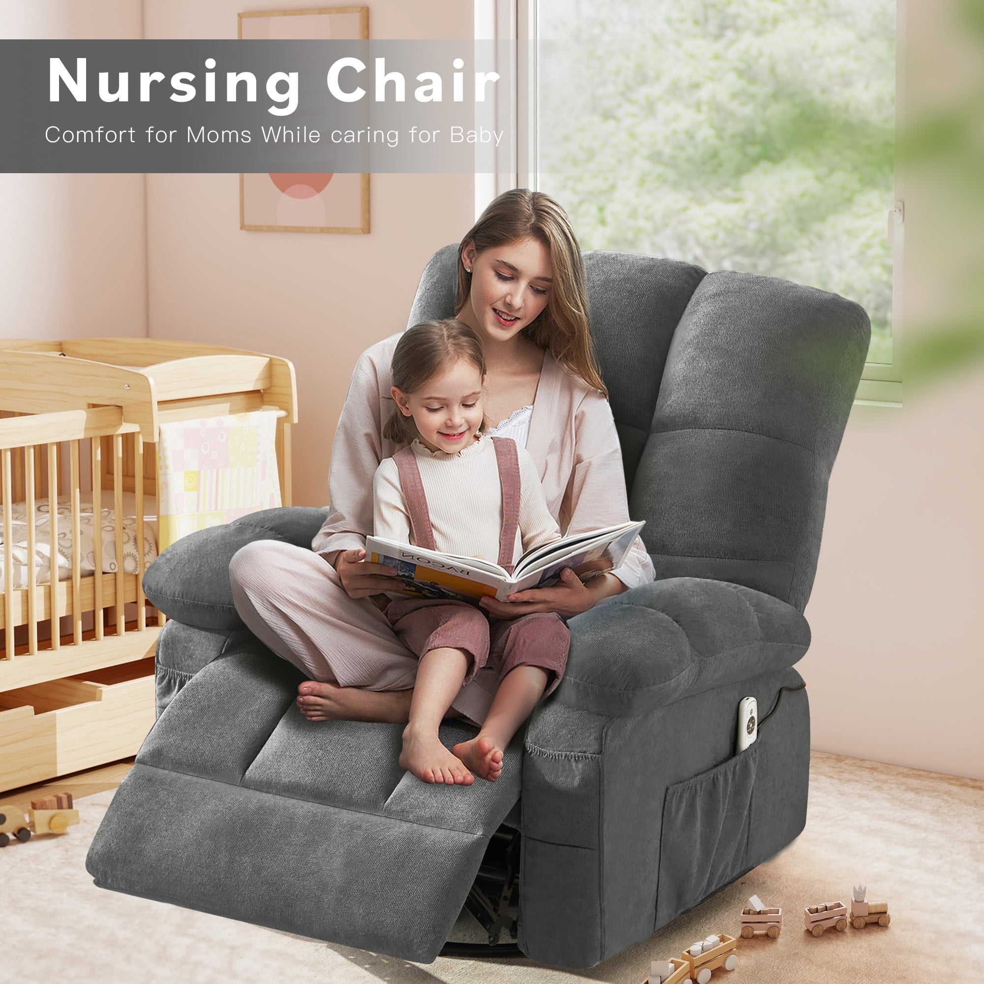 Alvantor Swivel Rocker Recliner Chair with Massage & Heat Single Rocker Sofa with Cup Holders for Bedroom Home Theater Gray