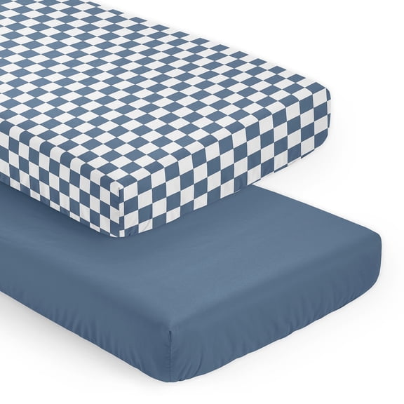 Sweet Jojo Designs Blue Gingham Checkered Plaid Boy Fitted Crib Sheets Set 2 Piece