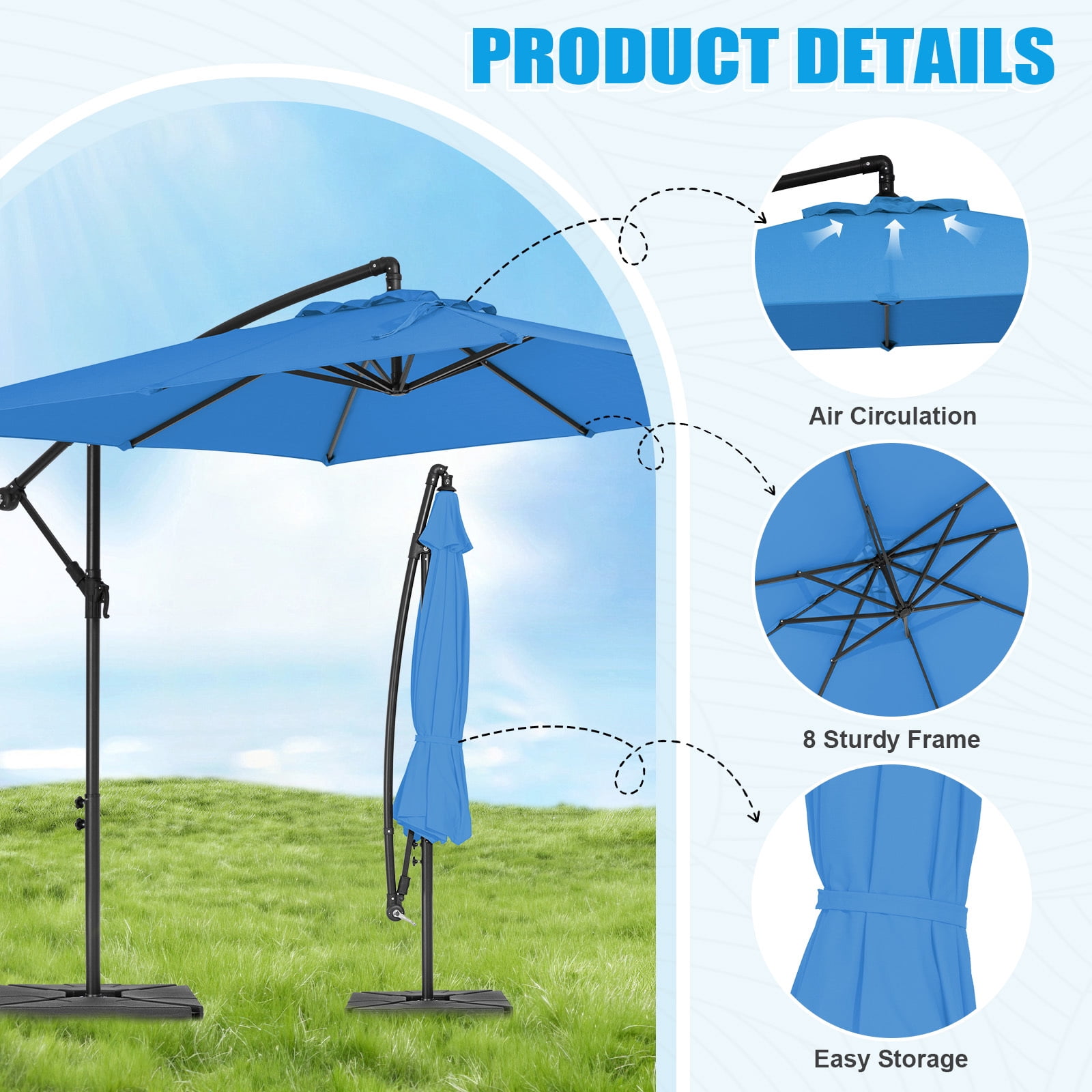 FUNDAZE 8x8ft Hanging Cantilever Patio Umbrella with Base, Square Outdoor Sun Shade with Crank & Tilt for Garden, Backyard, Deck,Royal Blue