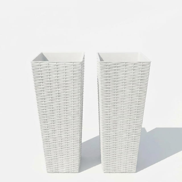 All-Weather White Rattan Planter Set of 2, Two 24" Tall Outdoor Plant Pots, Removable Liners, Drainage Holes, Garden Flower Pots for Patio, Porch, Backyard