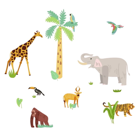 Home Art 22" x 28" Colorful Zoo & Jungle Animals Vinyl Adhesive Wall Sticker Decoration Kids Cartoon Animal Art Design Removable Kids Bedroom Playroom Wall Decal