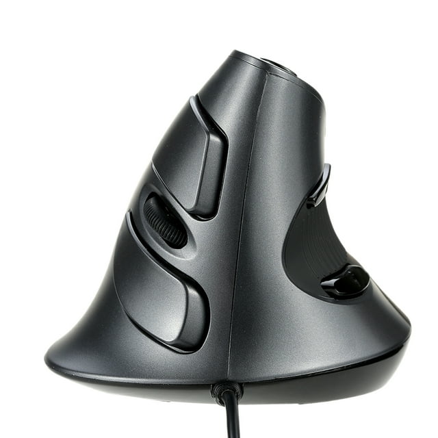Delux M618 ergonomic vertical mouse in black with a unique upright design for comfortable hand positioning. Features include adjustable DPI settings (600/1000/1600), a removable palm rest for added support, and a 5-button layout with side keys for quick browser navigation. The wired mouse is durable with a 5 million click lifespan and plug-and-play functionality. Shown in a close-up side view highlighting the ergonomic shape and button placement.