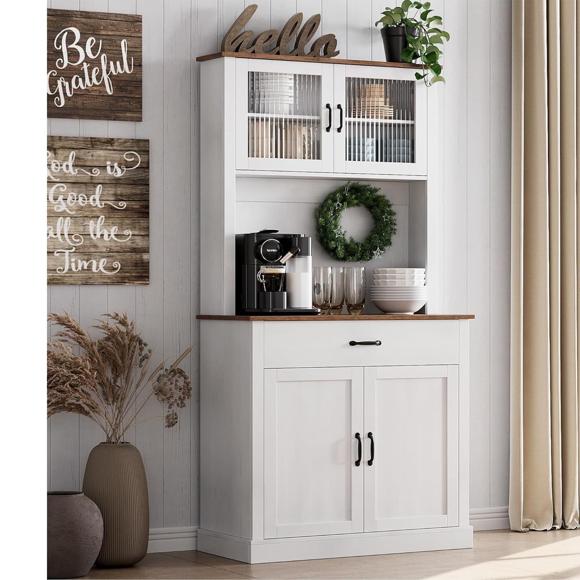 TROPOW Kitchen Pantry Cabinet, 71" Tall Kitchen Hutch Storage Cabinet with Microwave Stand, Freestanding Buffet Cabinet with Shelves and Glass Doors for Home Dining Room, White