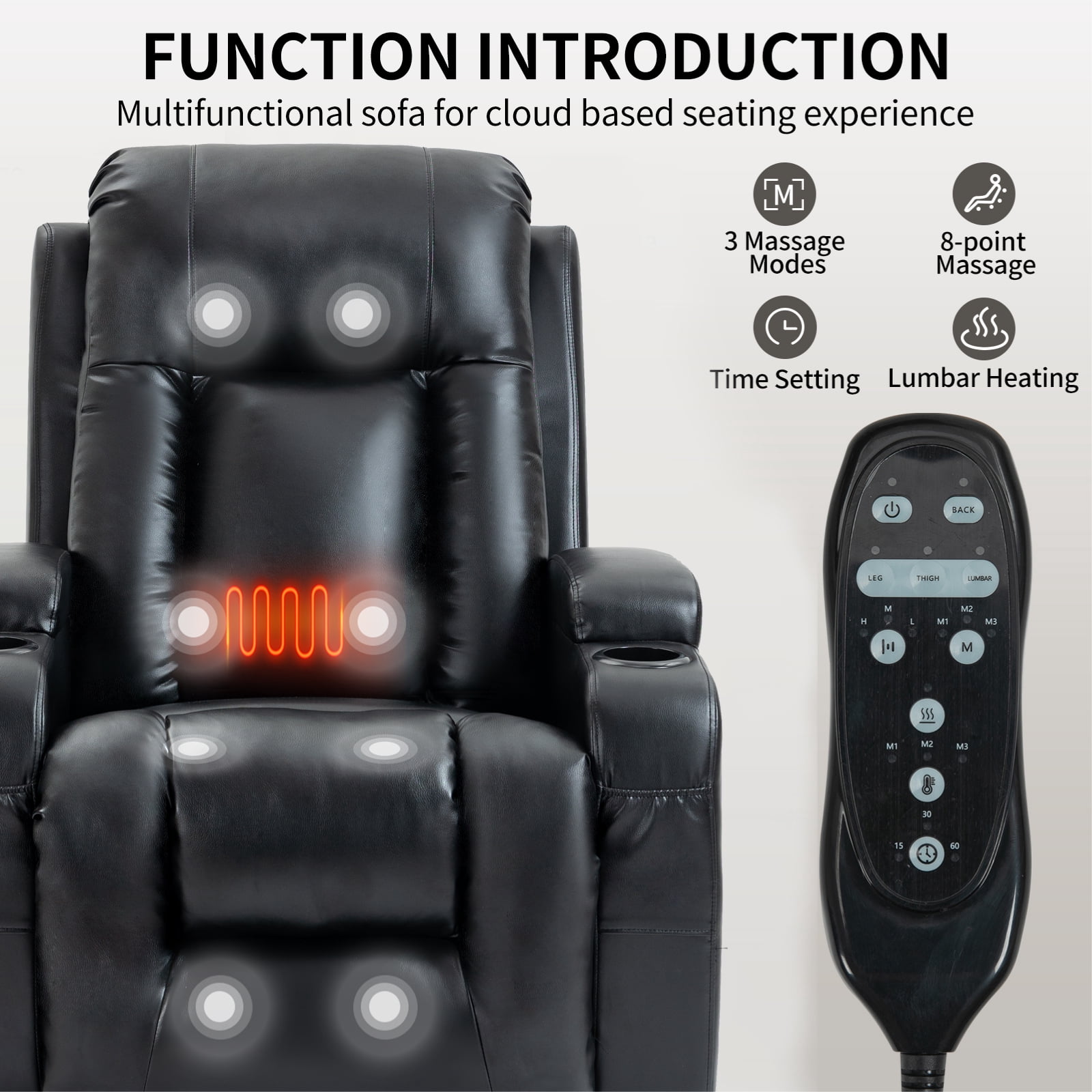 Gewnee Power Lift Recliner Chair,Lift Chair with Heat and Massage,Adjustable PU Leather Recliner with USB,Cup Holders & Side Pockets for Living Room or Bedroom.Black