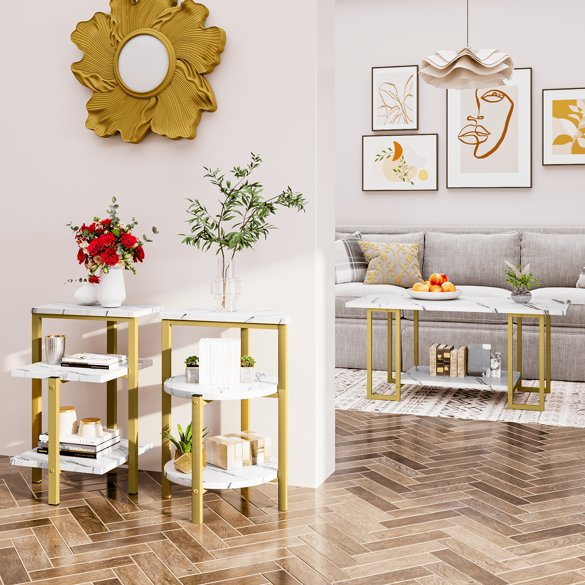 Baxluxe 3 Pieces Faux Marble Table Set, Modern Rectangle Coffee Table with 2 Side Table, Faux Marble Tabletop and Metal Frame, 3 Pieces Table Sets for Living Room, Apartment, White & Black