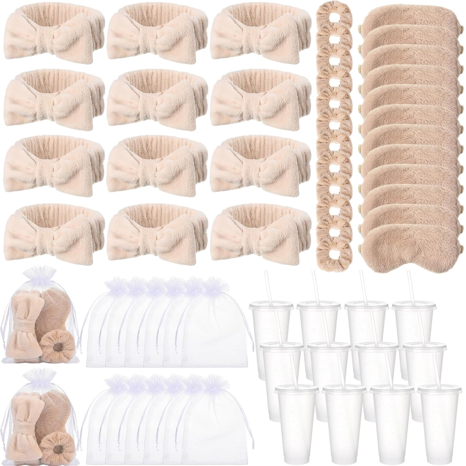 60 Pcs Spa Party Supplies Bulk Include 12 Bow Hairbands 12 Sleep Eye Mask 12 Hair Scrunchies 12 Glitter Cups 12 Organza Bag for Women Sleepover Slumber Spa Party Favor(Blue)