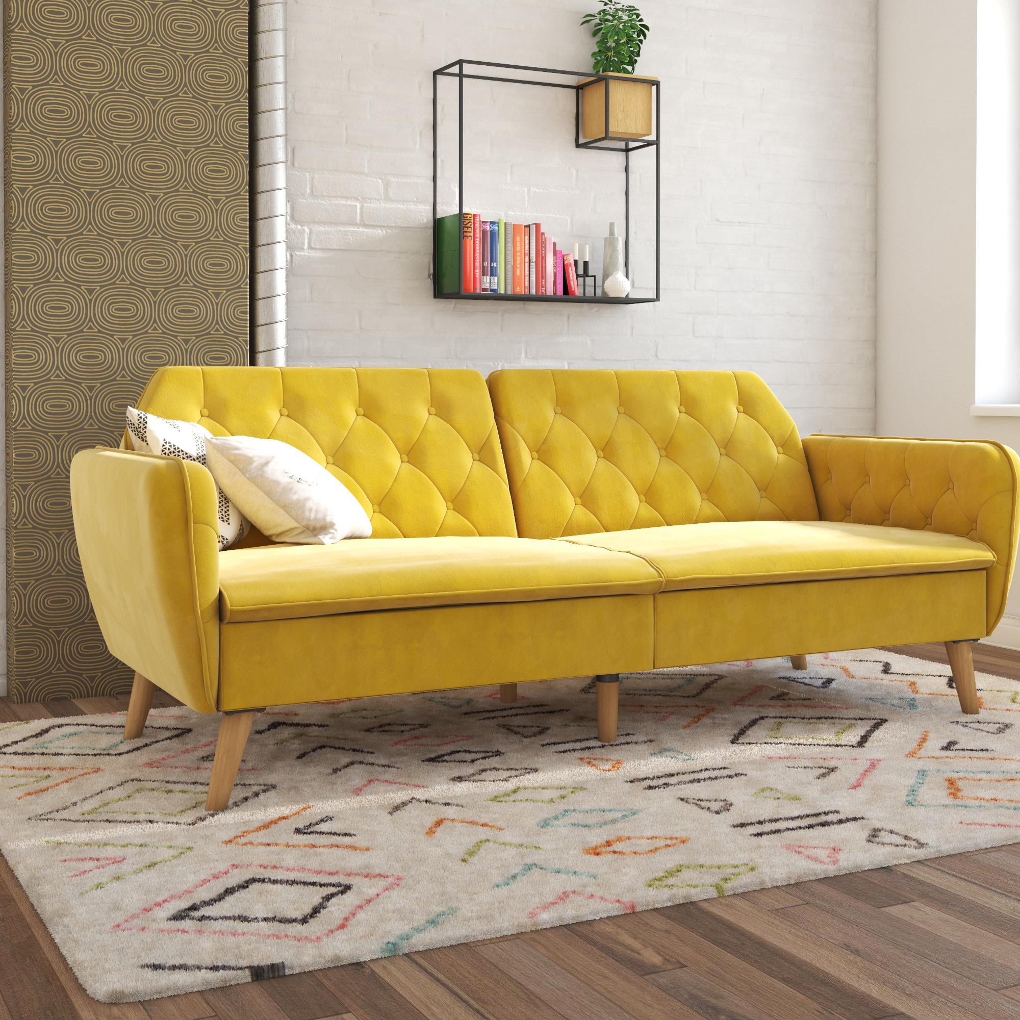 Novogratz Tallulah Memory Foam Futon and Couch, Mustard Yellow Velvet