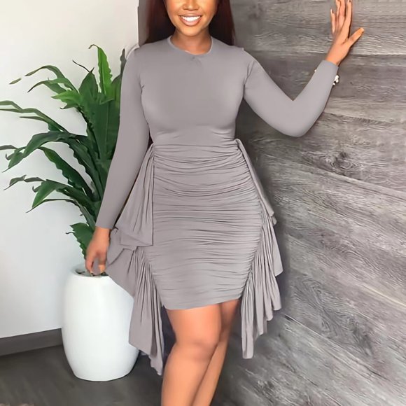 Bescita Women's Round Neck Irregular Ruffle Ruched Long Sleeve Dresses Clearance Sales