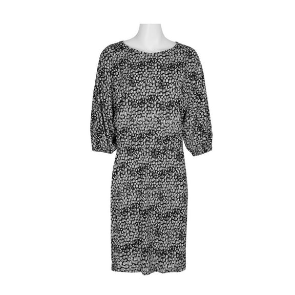 London Times Boat Neck Dolman Elastic Cuff 3/4 Sleeve Blouson Multi Print Crepe Dress-BLACK GREY / M