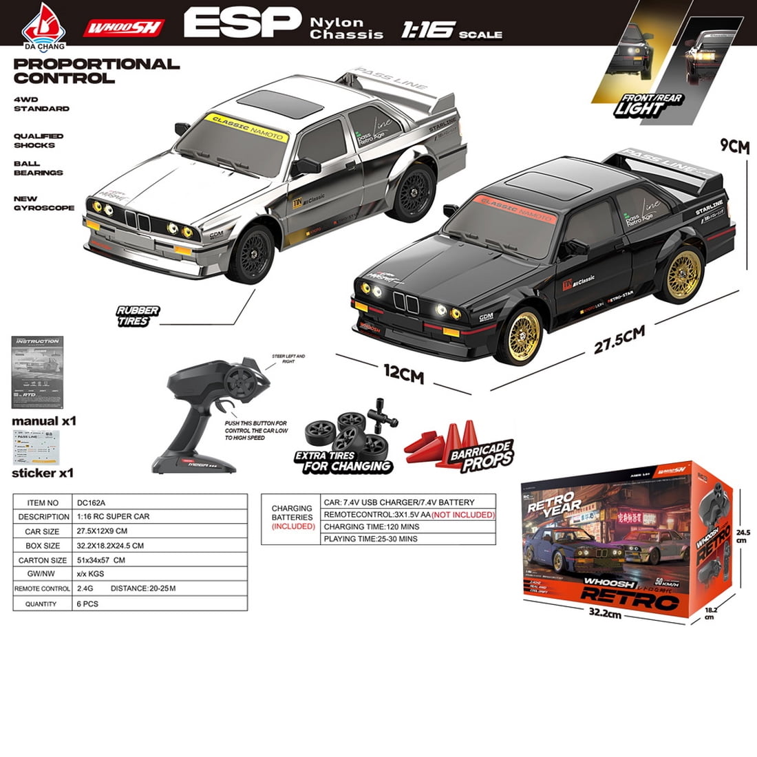 1/16 Scale 4WD RC Drift Car High Speed Racing Remote Control Vehicle With ESP Gyroscope Stabilization LED Front Rear Lights Full Proportional Driving System For Adults Hobbyists