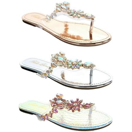 Women Lucite Clear Transparent Rhinestone Bling Flip Flop Flats Sandal Rose Gold