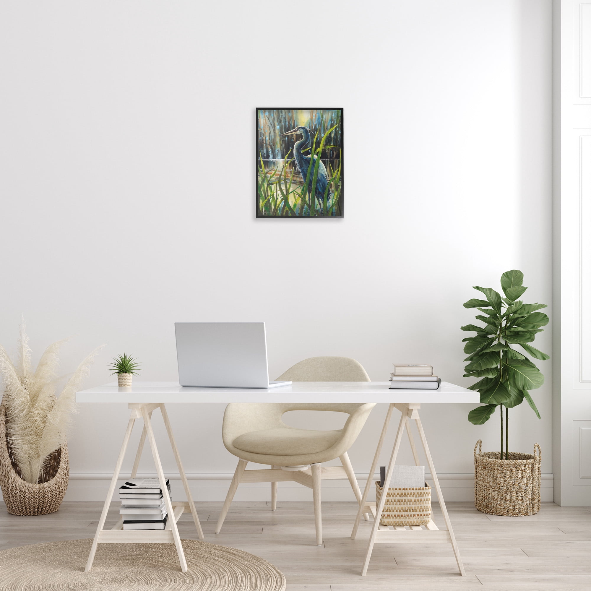 Stupell Industries Heron Between Pond Reeds Animals & Insects Painting Black Framed Art Print Wall Art, 16 x 20