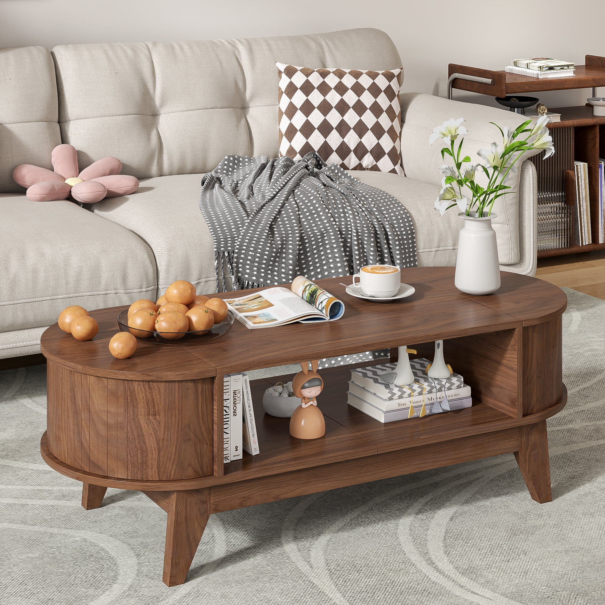 Fluted Coffee Table with Storage, Modern Coffee Tables, Wood Accent Center Table