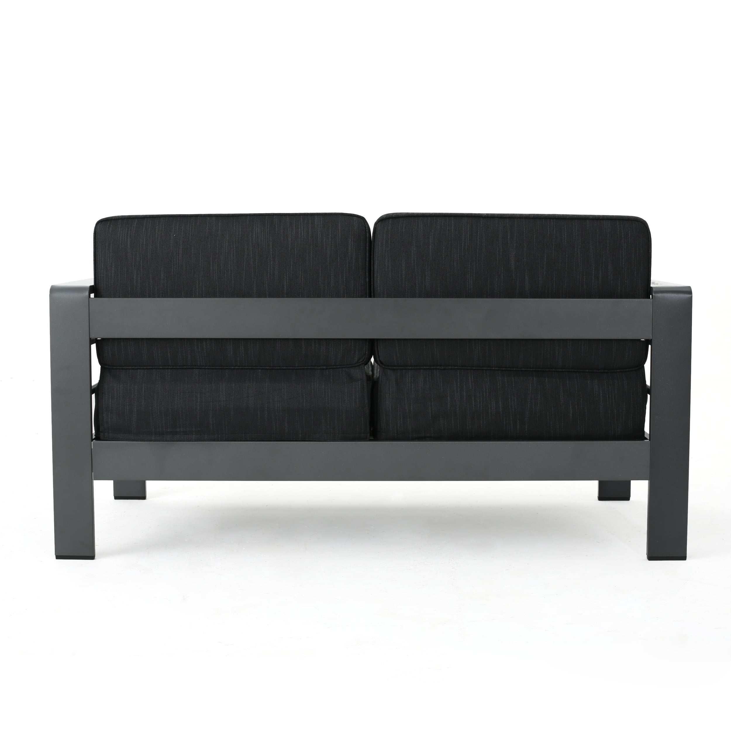 Bridget Outdoor 5 Piece Aluminum Sofa Chat Set with Cushions and Rectangular Fire Table, Grey, Light Grey