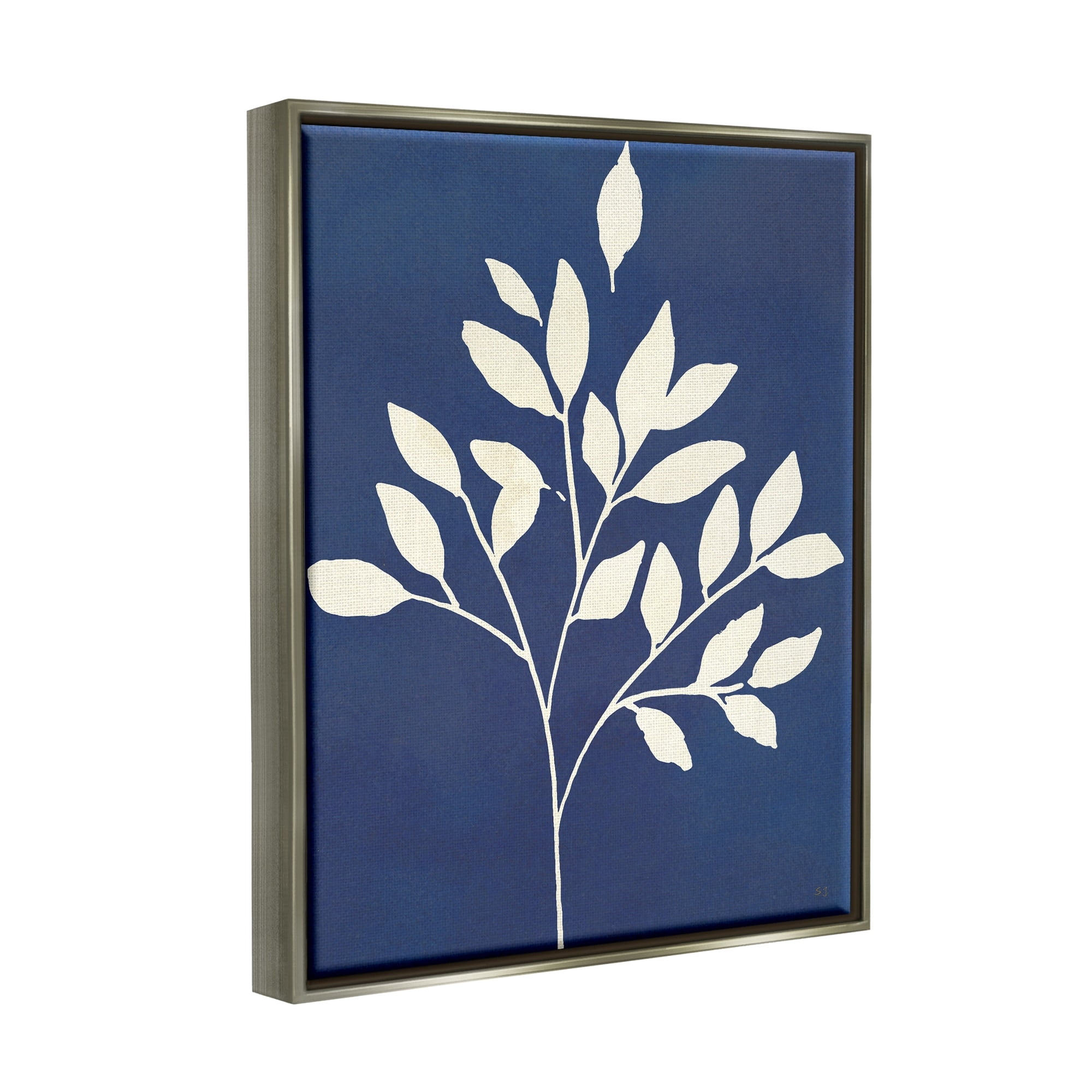 Stupell Industries Modern Leaf Sprig Botanical Abstract Stencil Shape Graphic Art Luster Gray Floating Framed Canvas Print Wall Art, Design by Susan Jill