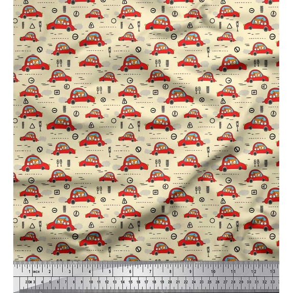 Soimoi Crepe Silk Fabric Car & Owl Cartoon Printed Fabric 1 Yard 42 Inch Wide