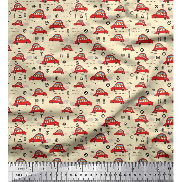 Soimoi Moss Georgette Fabric Car & Owl Cartoon Print Fabric by The Yard 42 Inch Wide