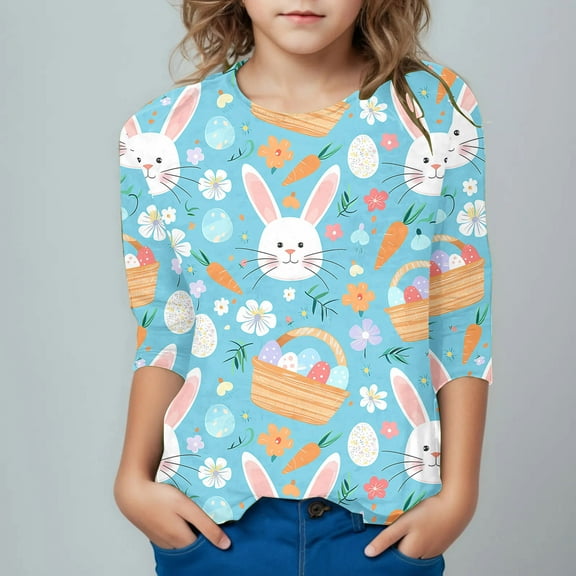 Riecok Shirts for Girls Easter 3/4 Sleeve Tops Easter Printed T-shirt Boys or Girls Toddler T-Shirt Cute Easter Eggs Graphic Tops 3 T Multicolor