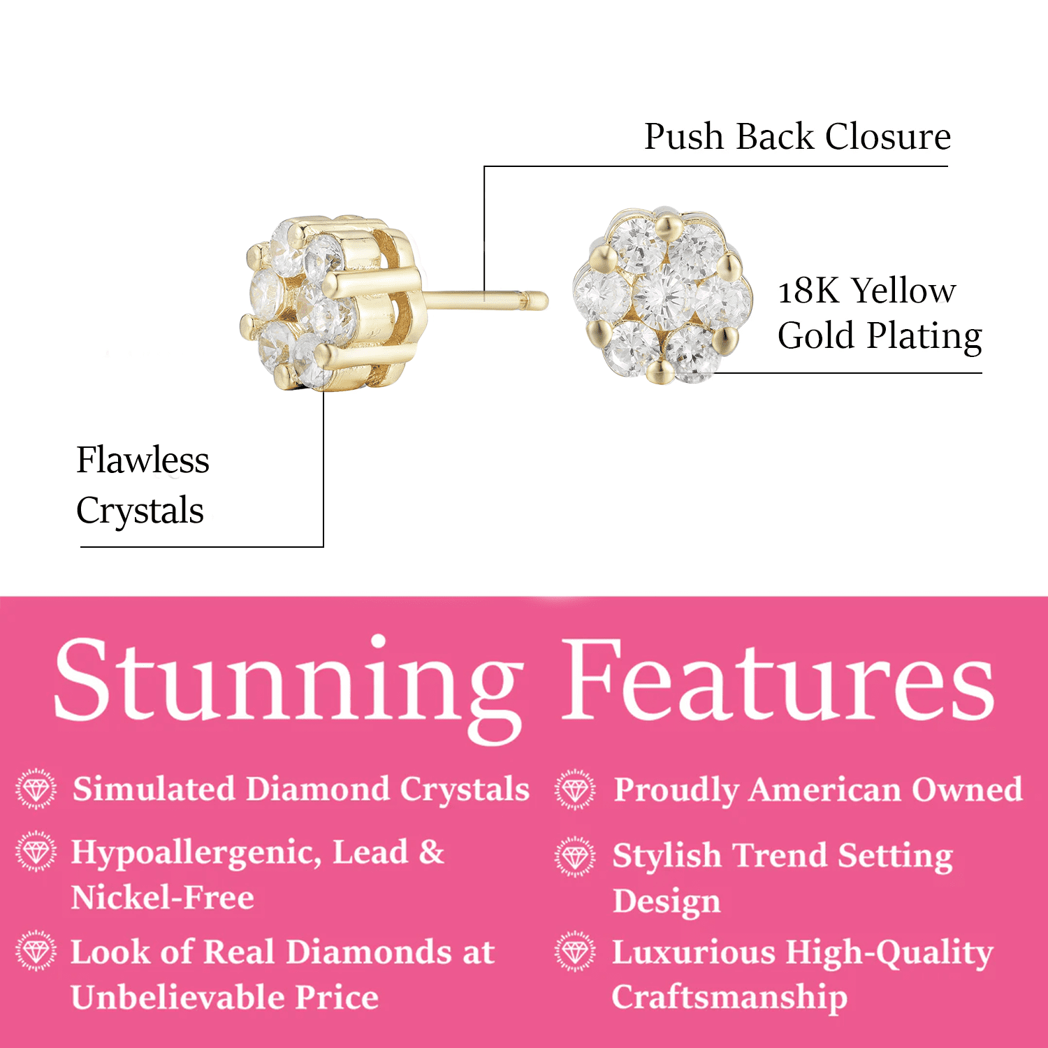 Cate & Chloe Nova 18k Yellow Gold Plated Cluster Stud Earrings with Simulated Diamonds Crystals for Women