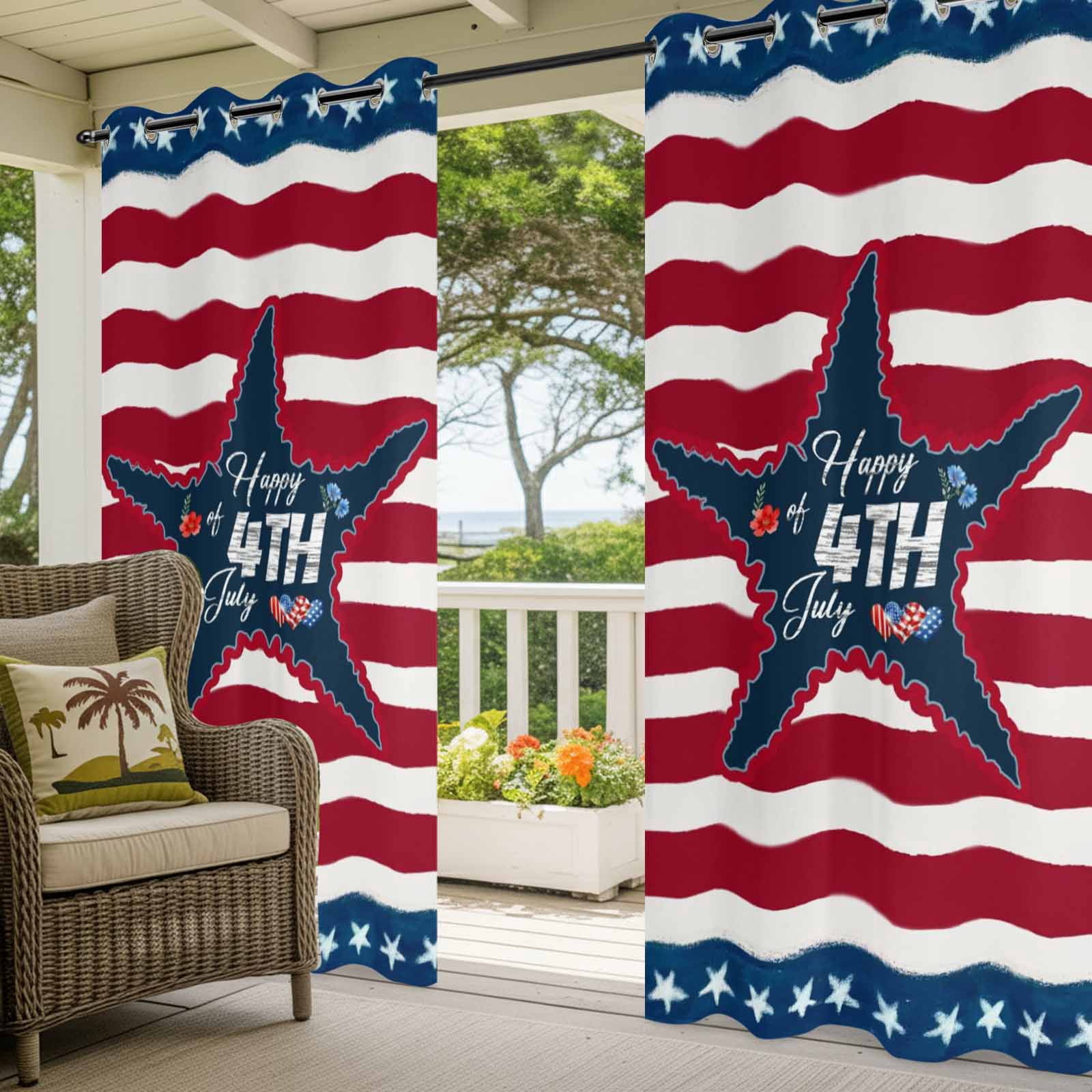 Silver Happy of 4th July Outdoor Curtains for Patio, Rustic Red Blue Star Stripes Sunshade Privacy Drapes Grommet Waterproof Outside Curtains for Porch/Cabana/Balcony 54"x 108", 1 Panel