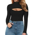 thumbnail image 4 of Hontri Dressy Tops for Women under $10-Black Cutout Bodysuit,Neck Cutout Front T Shirt Long Sleeve Short Sleeve Bodysuit for Women, 4 of 5