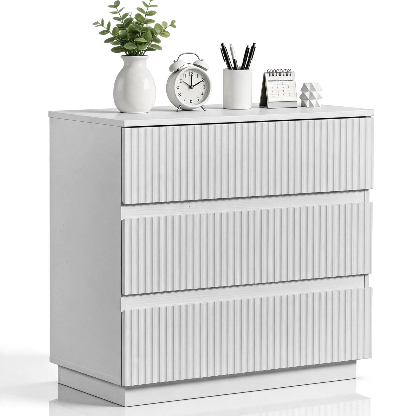 White 3-Drawer Nightstand, Handleless Grille Design, 23.62 x 12.99 x 22.05 in