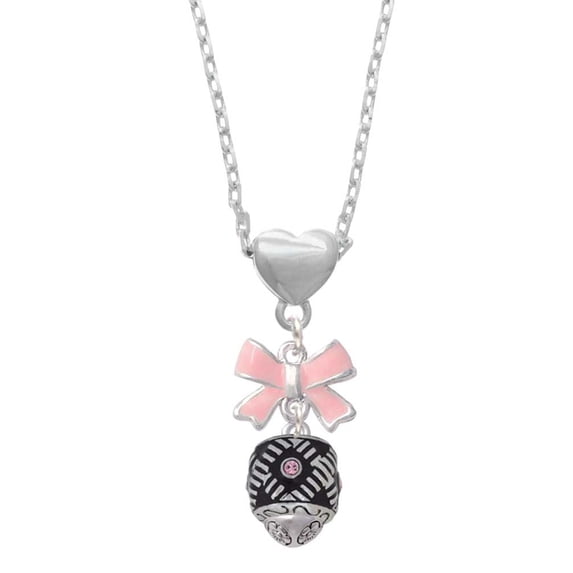 Delight Jewelry Silvertone Diagonal Banded Barrel with Pink Crystals Spinner Pink Bow Heart Necklace