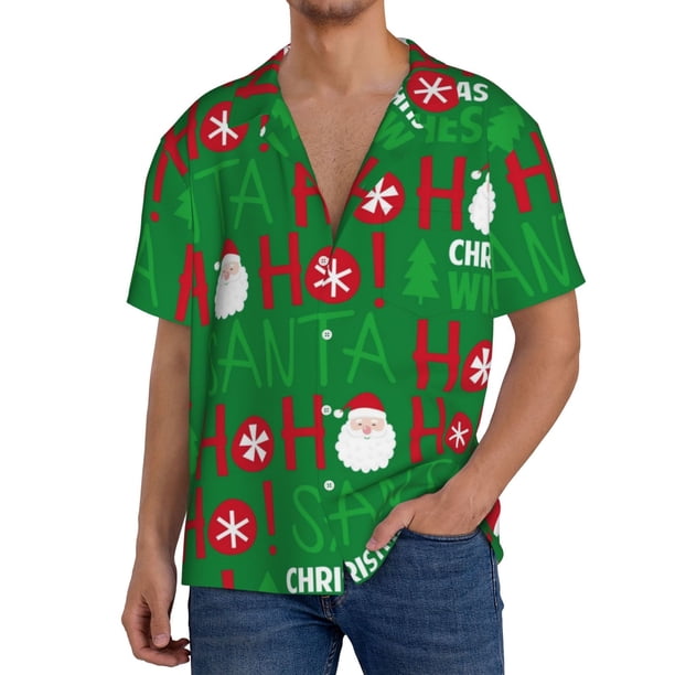Balery Cute Santa Camisa Casual de Manga Corta con Botones para Hombre, Texturizada, Estilo Cubano, para Playa, Verano-Large