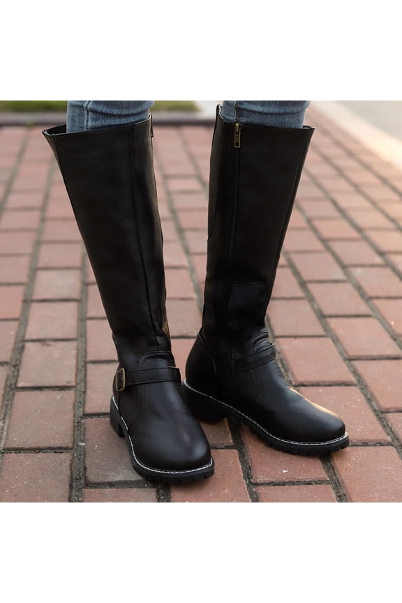 Clearance Women Boots Retro Shoes Casual Thick Low-heeled Boots Plus Size Mid Calf Zipper Boots