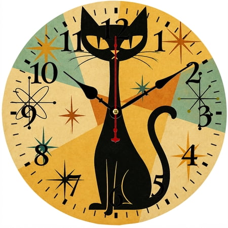 CozyHour 9.84 Inch Black Cat Wall Clock, Retro Mid Century Modern Atomic Starburst Round Analog Clock for Kitchen Living Room Bedroom Decor