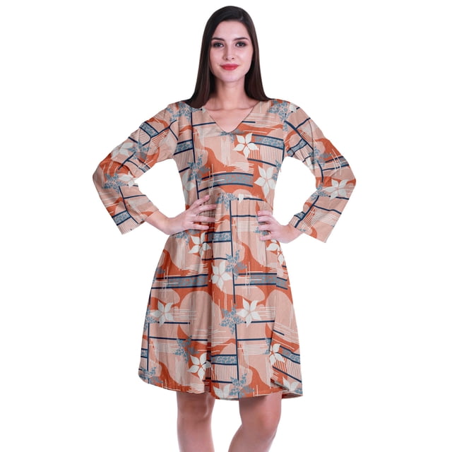 Moomaya Robe Courte Évasée Imprimée de Designer, Manches Longues, Tunique en Velours, Robes pour Femmes
