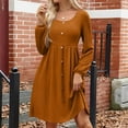 thumbnail image 2 of WTOBBY Women's Fashion Round Neck Casual Slim Solid Waist Long Sleeve Dresses - Elegant and Fitted Dress with Waist Accent, Perfect for Slimming Silhouettes or Office Wear,Earthy Yellow L, 2 of 5