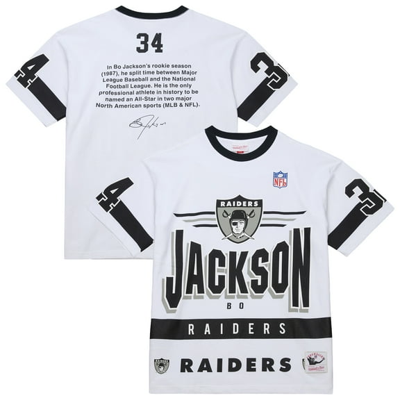 Men's-Mitchell & Ness Bo Jackson White Las Vegas Raiders Name & Number Team Origins Vintage Logo T-Shirt