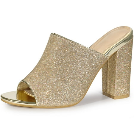 

Unique Bargains Women s Glitter Slip on Chunky Heels Mule Sandals