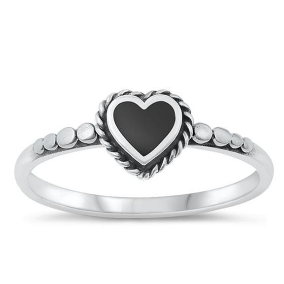 CHOOSE YOUR COLOR Black Simulated Agate Ring .925 Sterling Silver Heart Love Band CZ Female Size 10